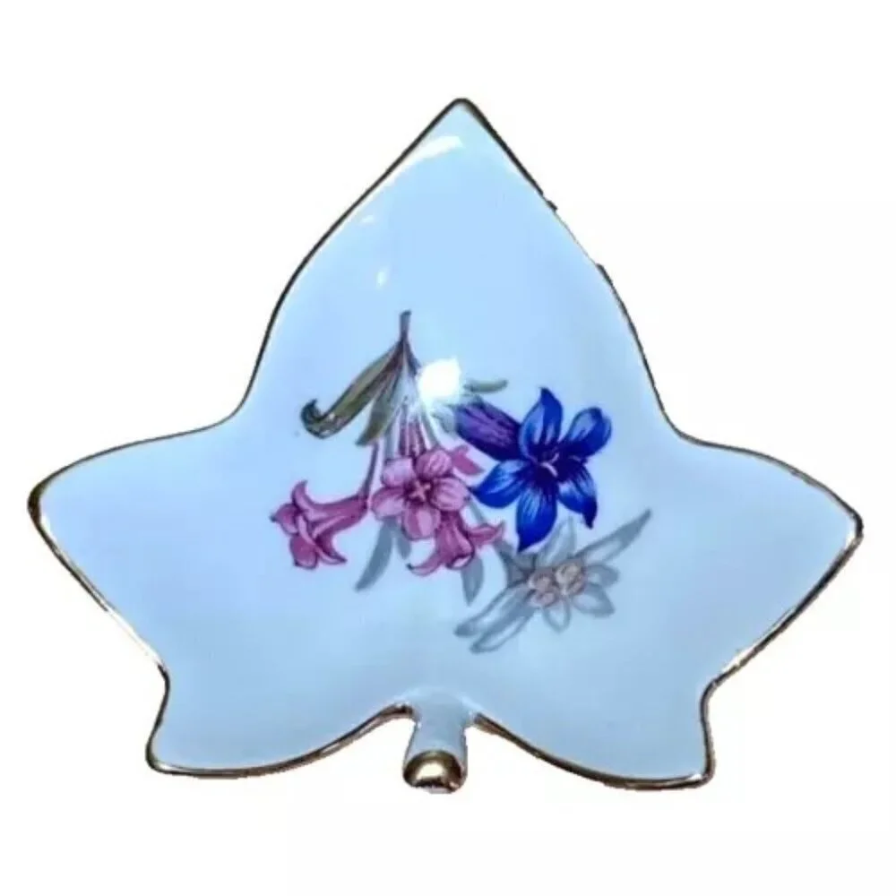 Tea Bag Holder Spoon Rest Blue Pink Flowers Gold Trim Floral Design Leaf Shape